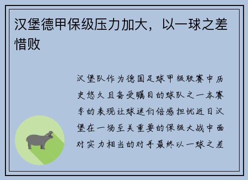 汉堡德甲保级压力加大，以一球之差惜败