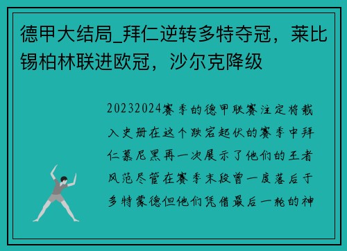德甲大结局_拜仁逆转多特夺冠，莱比锡柏林联进欧冠，沙尔克降级