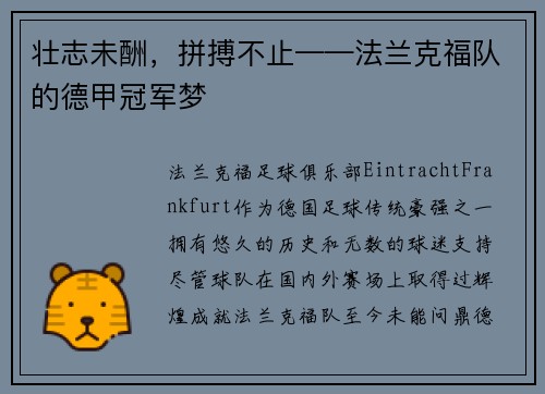 壮志未酬，拼搏不止——法兰克福队的德甲冠军梦
