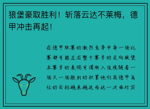 狼堡豪取胜利！斩落云达不莱梅，德甲冲击再起！