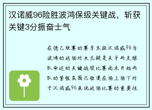 汉诺威96险胜波鸿保级关键战，斩获关键3分振奋士气
