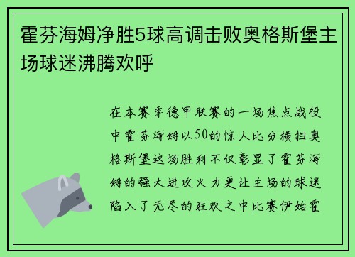 霍芬海姆净胜5球高调击败奥格斯堡主场球迷沸腾欢呼