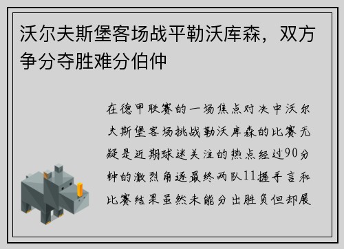 沃尔夫斯堡客场战平勒沃库森，双方争分夺胜难分伯仲
