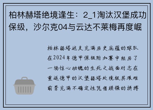 柏林赫塔绝境逢生：2_1淘汰汉堡成功保级，沙尔克04与云达不莱梅再度崛起