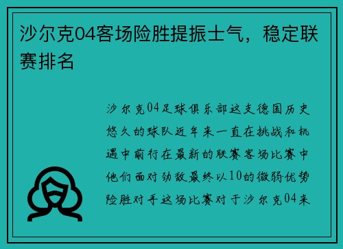 沙尔克04客场险胜提振士气，稳定联赛排名