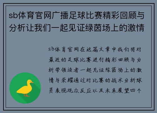 sb体育官网广播足球比赛精彩回顾与分析让我们一起见证绿茵场上的激情与荣耀