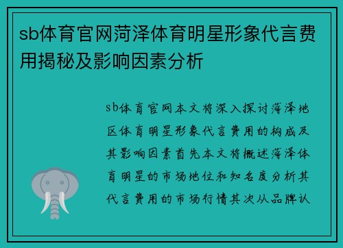 sb体育官网菏泽体育明星形象代言费用揭秘及影响因素分析