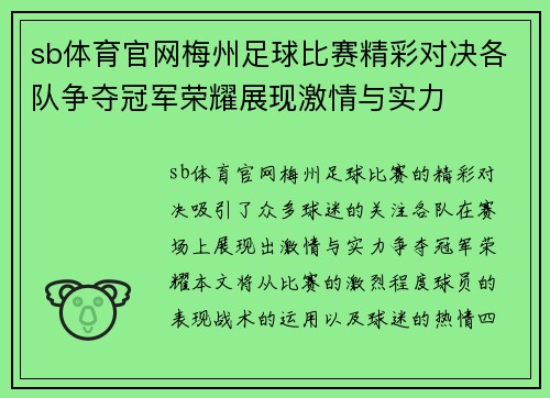 sb体育官网梅州足球比赛精彩对决各队争夺冠军荣耀展现激情与实力